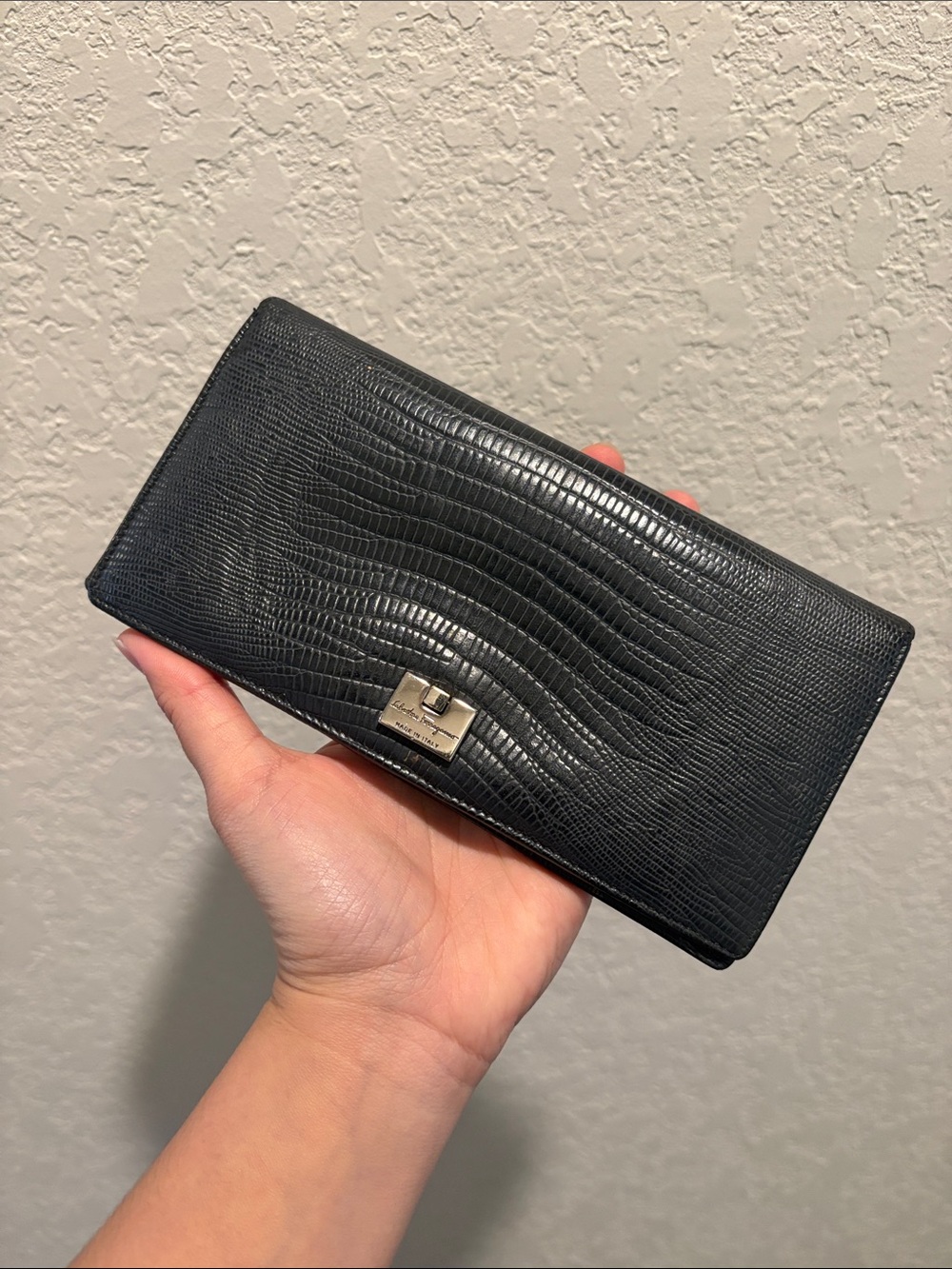Salvatore Ferragamo Black Textured Leather Long Wallet